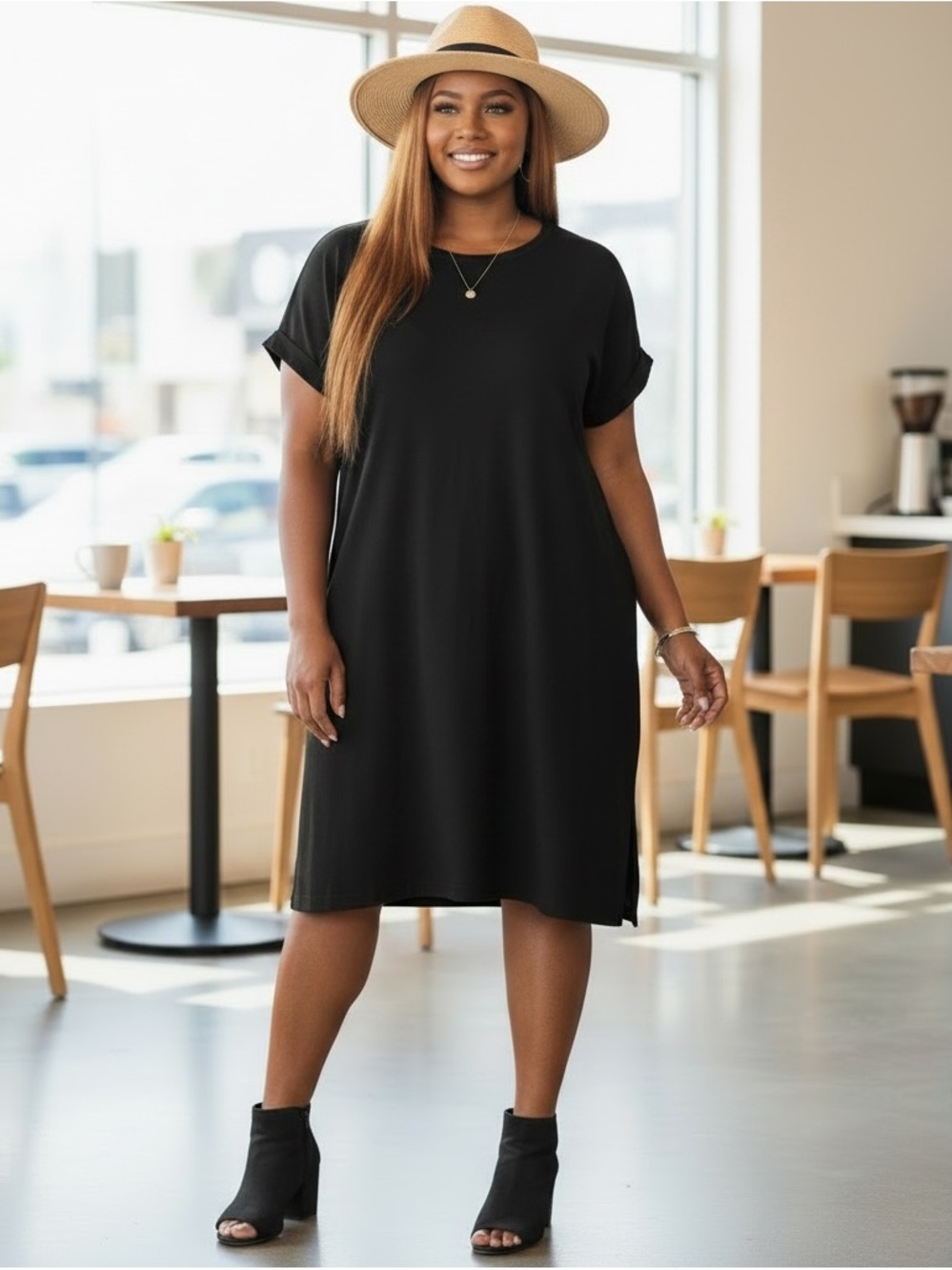 LuLaRoe Chelsea Solid Black Midi Pull Over T Shirt Minimalist Capsule Dress
